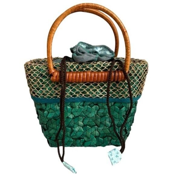 Bag Werks Summer Basket Handbag |Fabric LIned | Drawstring Close | WoodHandles - Picture 1 of 7